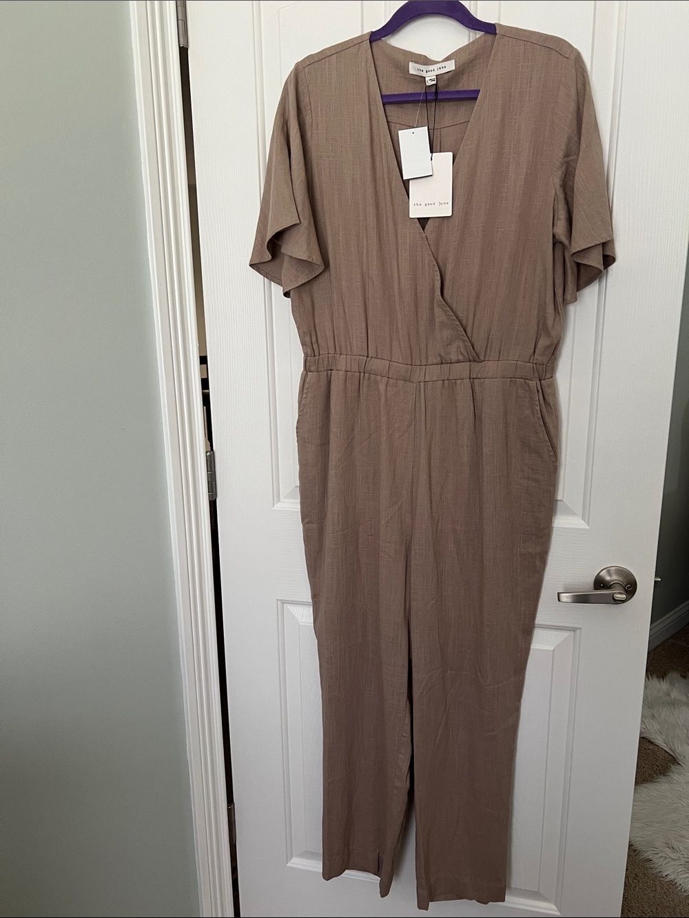 The Good Jane Linen Blend Short Sleeve Elastic Jumpsuit with Pockets Size Large